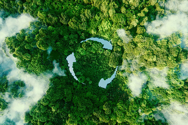 Illustration of a lake in the shape of a recycling symbol in a forest