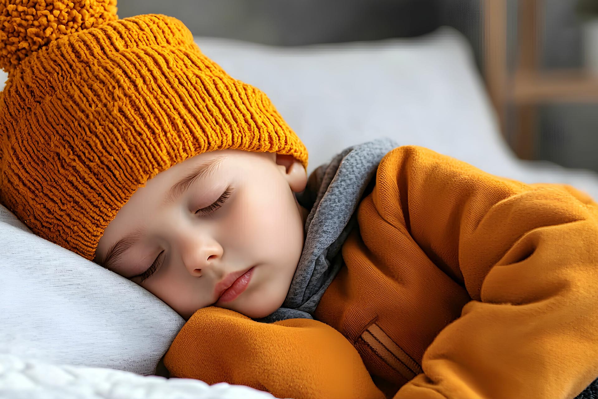 A small child asleep in a warm fleece. A small child asleep in a warm fleece.