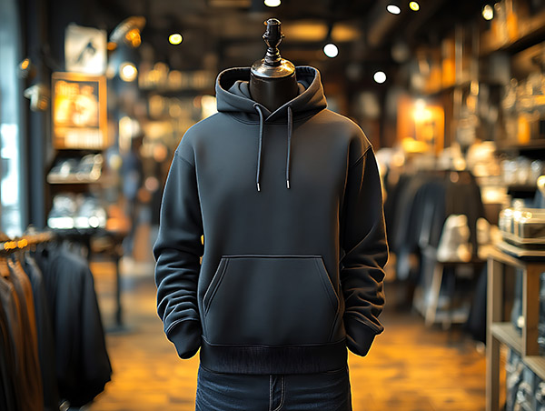 Dark gray hoodie on mannequin in store. Hoodie in clothing store.